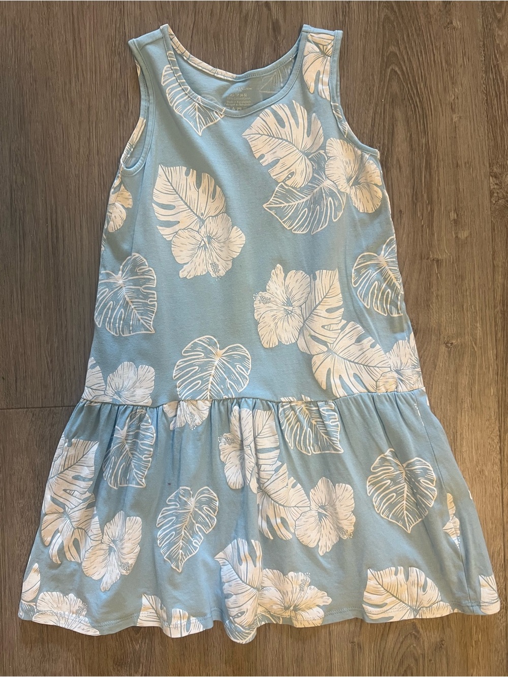 George Light Blue Tank Dress with White Tropical Leaf Print